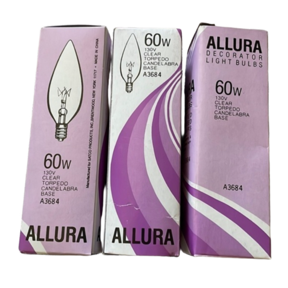 Allura 60W Clear Torpedo Candelabra Base Bulbs set of 3